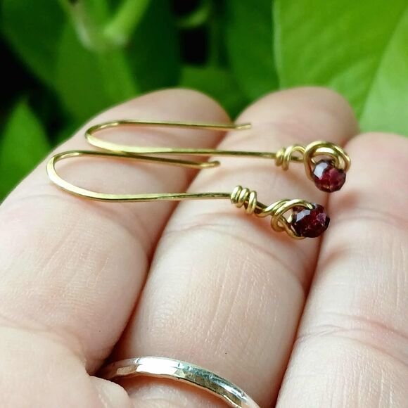 Hammered Dainty Ruby Red Glass Beaded Dangle Earrings, 1.5" - Picture 7 of 7